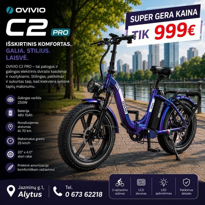 OVIVIO C2 Pro elektrinis dviratis 750W 48V 18Ah mėlynas