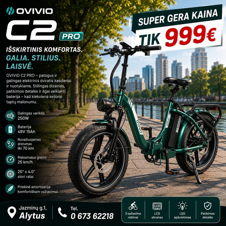 OVIVIO C2 Pro elektrinis dviratis 750W 48V 18Ah Žalias